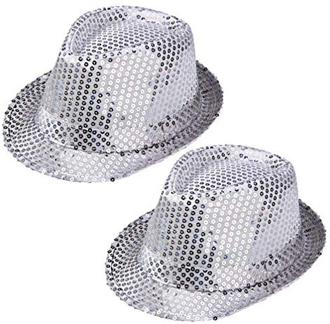 SAFIGLE Fedora-Hut mit Pailletten Jazz-Hut Zauberer Latin Jazz Mardi Gras Cosplay Abschlussball Kostüm Party-Accessoire für Erwachsene Und Kinder (2Er-Pack) Silber