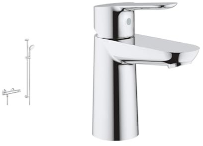 GROHE Precision Flow - Thermostat-Brausebatterie, chrom, 34842000 & BauEdge | Badarmatur- Einhand-Waschtischbatterie, S-Size | mit Keramikkartusche | chrom | 23330000