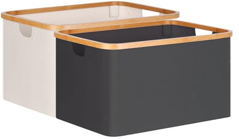 WOPPLXY 25L Wäschekorb Faltbar 2er Set, 38 x 26 x 20 cm Wäschekorb Klappbar aus 600D Oxford-Stoff + Bambus für Kleine Kleidungsstücke, Bücher, Kosmetika (Beige + Grau)