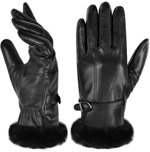 Harssidanzar Leather Gloves Women's Winter Thermal Dress Gloves Fur Lined For Cold Weather SL022US,Black,Size L