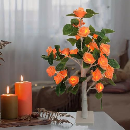 HFHUNGKEONG Albero di rosa per tavolo Min Albero luminoso Bonsai con fiore di rosa arancione, lampada decorativa per camino, camera da letto, casa, matrimoni, Natale, 55 cm