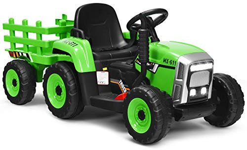 GOPLUS 12V Kinder Elektrischer Traktor mit Anhänger, 3-Gang Elektrofahrzeug mit Fernbedienung, Elektroauto mit LED-Licht & Musik & Bluetooth, 30 kg Belastbarkeit, ab 3 Jahre (Hellgrün)