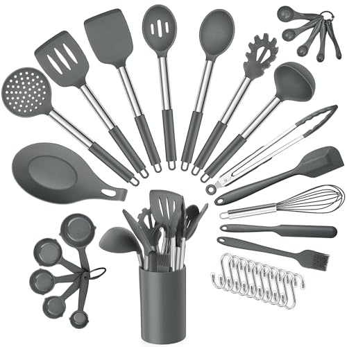 Joyfair 34 Pcs Silicone Kitchen Utensil Set with Holder for Cooking, Grey | Non Stick Silicone Surface, Food Grade Stainless Steel Core, Heat Resistant, Hanging Hole, Vertical Use, Dishwasher Safe