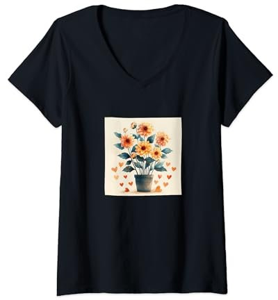 Womens Dahlia Plant In Pot Cottagecore Hearts Graphic V-Neck T-Shirt