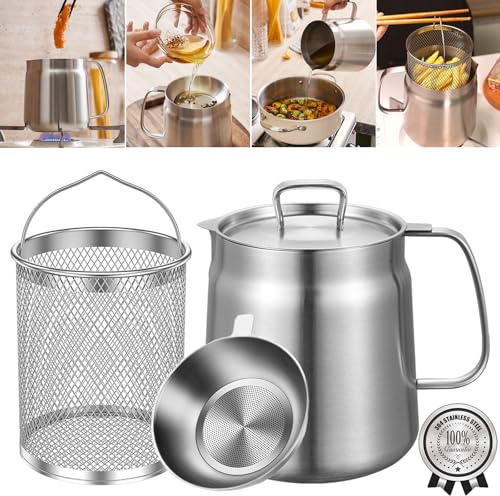 HOMKULA 2-in-1 304 Stainless Steel Multifunctional Deep Fryer Pot with Basket & Strainer, Large Capacity Oil Filter Pot, Bacon Grease Container with Steel Pour for Kitchen, Camping, Cooking (68oz/2L)