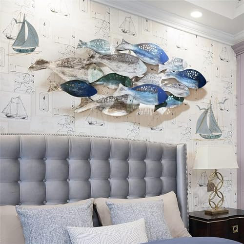 Wanddekoration aus Metall, Fisch und Segelboot, Fischschwarm, Wandkunst, 127 x 50 cm, große 3D-Fisch-Wandskulptur, handgefertigt, Strand-Segelboot, Wandkunst-Dekor für Ferienhaus/W