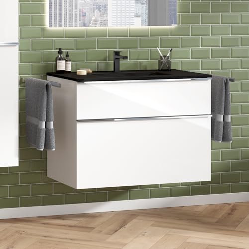 Zentrobad Griff Premium Waschbecken schwarz mit Unterschrank 100 cm Waschtisch Badmöbel Badezimmer Schrank Badschrank mit Zwei Schubladen (weiß glänzend lackiert)