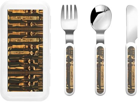 Tenedor reutilizable con estampado de jeroglífico egipcio antiguo, cuchillo de cuchara con estuche de almacenamiento, apto para lavavajillas para el almuerzo escolar, viajes