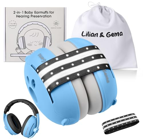 Lilian&Gema 2 in 1 Cuffie Neonato Antirumore -25dB,Protettori acustici per neonati,archetto regolabile,antiscivolo e antistress, protezione acustica ideale per neonati fino a 48 mesi(Blu + Nero)