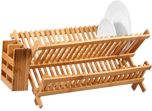 NIHUIFDPY Dish Drying Rack for Kitchen Counter, Collapsible Bamboo Dish Drainer Rack with 20 Slots, 2 Tier Bowl and Plate Holder with Utensil Box for Kitchen