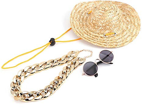 Fydun Pet Fashion Sunglasses Retro Straw Hat Collar Cat Necklace Pet Photography Accessory3 Pcs Set for Families (3 Piece Set)