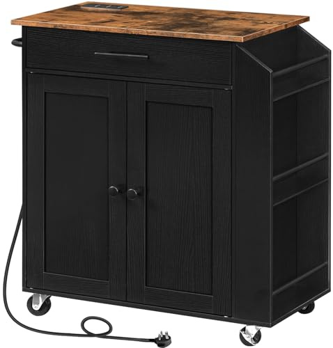 HOOBRO Kitchen Island on Wheels, Rolling Kitchen Island Storage Trolley with Spice Rack and Drawer, with Power Outlet, Utility Serving Cart, for Home, Dining Room, Rustic Brown and Black EBF82KZD01G1