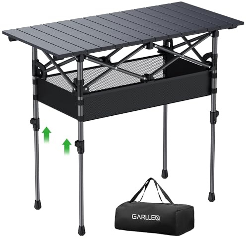 GARLLEN Mesa de Camping Plegable, 2 mesas de Picnic enrollables de Altura Ajustable con Red de Almacenamiento, Mesa de Aluminio Ligero para Exteriores con Bolsa de Transporte para Camping, Barbacoa