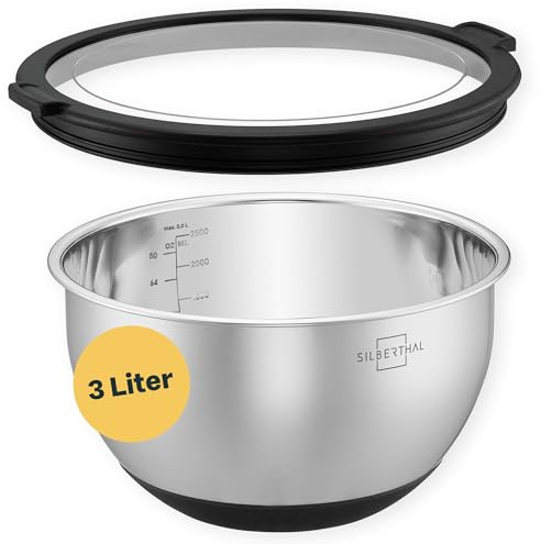SILBERTHAL Edelstahl Schüssel mit Deckel 3L | 3l Rührschüsseln zum Servieren, Kochen, Backen, Aufbewahren - Rutschfester Boden