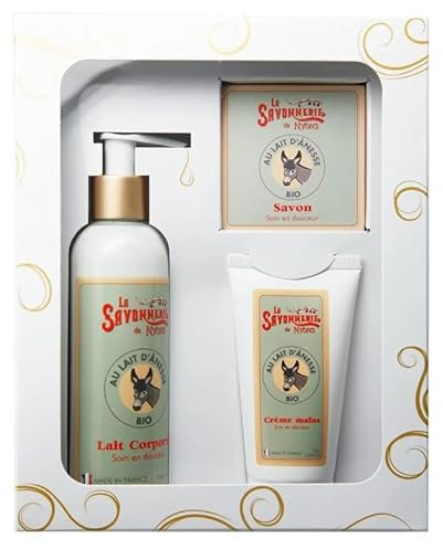 Coffret au Lait d’Ânesse BIO : savon solide de 100g, un lait corporel de 200mL et une crème mains de 75mL