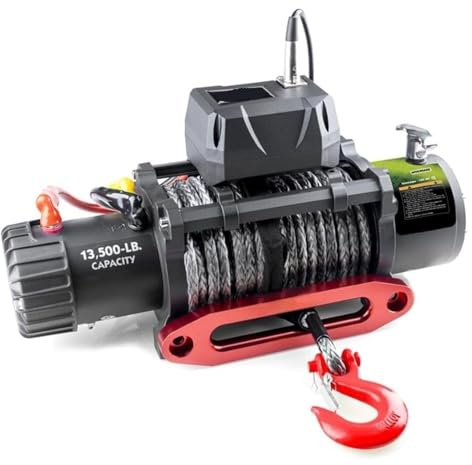 TIEOAXFT Winch Cabrestante eléctrico for camión, Resistente al Agua, de 13500 LB, 12 V, Cuerda sintética Negra, con guía de Escoba y manija con Cable