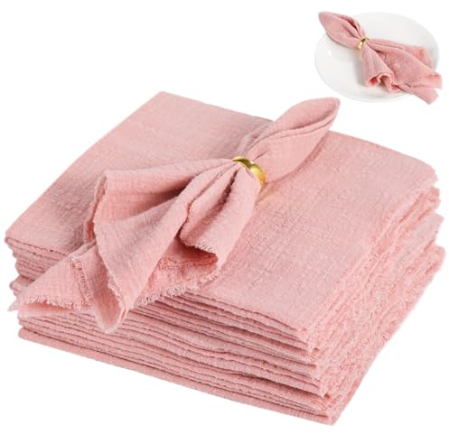12 Pcs Pink Linen Napkins with Tassels, Light Pink Table Napkins, Decorative Dining Cloths for Weddings, Parties, Everyday Use, Photo Props