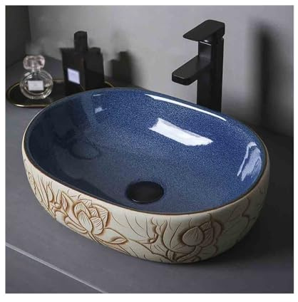 CWCQGH Lavabo da appoggio Piccolo, lavabo da appoggio Blu, lavabo in Ceramica, da Balcone, da Interno, con Motivo Floreale, lavabo da appoggio
