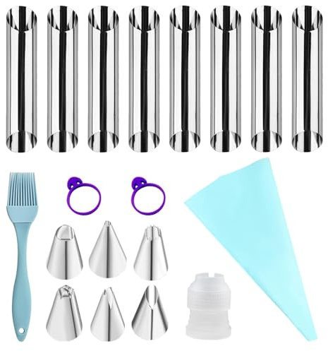 Lot de 17 moules à rouleaux en mousse en acier inoxydable | 8 formes, 6 douilles, 2 anneaux en silicone, 1 pinceau à pâtisserie, pour cannoli, croissants, pâte feuilletée et cornes à crème