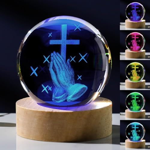 Sunwuun 3D Kristallkugel Nachtlicht - Betende Glaskugel mit Holzsockel, USB-Stromversorgung, Kreuz- & Jesus-Design, Religiöse Geschenke für Christliche Geschenkideenjesus Geschenk (Beten)
