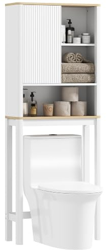 HOMCOM Meuble WC Dessus de Toilette Porte Cannelée 65 x 25 x 170 cm Blanc | Meuble Toilettes WC Rangement, Armoire Salle de Bain, Compartiments Ouverts, Étagère Réglable