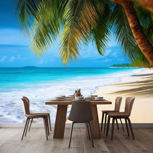Papel Pintado Panorámico Paisaje De Cocoteros Junto Al Mar 500x280 cm Fotomurales No Tejido, Murales Decoración Póster Pared Personalizado 3D Para Salón Dormitorio