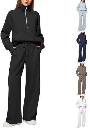 Couawaticy Tracksuit Womens Full Set Lounge Wear Sets 2 Piece Ladies Fleece Tracksuits Comfort Long Sleeve Activewear Zip Coat Tops Trousers Sets Fashion Casual Thermal Autumn Winter