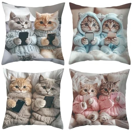Generisch 4 Stück Kissenbezug mit niedlichem Katzenmuster, 45 x 45 cm, Katze Kissenhülle 4er Set Sofakissen Dekokissen Bezug, Für Sofa, Bett, Couch, Büro, Auto-Dekoration