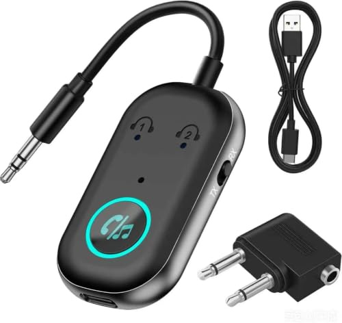 2 in 1 Airplane Bluetooth Adapter,Bluetooth 5.3 Transmitter Receiver Compatible with 2 AirPods & Wireless Headphones for TV,3.5mm Jack Audio Transmitter for TV,for Home Stereo,Airplane,Car