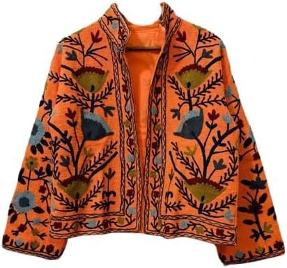 Embroidered Floral Jacket, Reversible, Cotton Blend, Traditional Ethnic Design, Multi-Color (Orange)