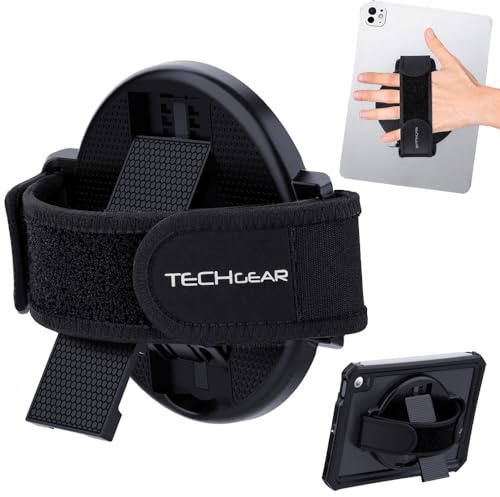 TECHGEAR Dragonne de tablette avec support rotatif à 360° et béquille – Support autocollant pour iPad Pro, iPad Air, Galaxy Tab, Surface et tablettes de 7 à 33 cm