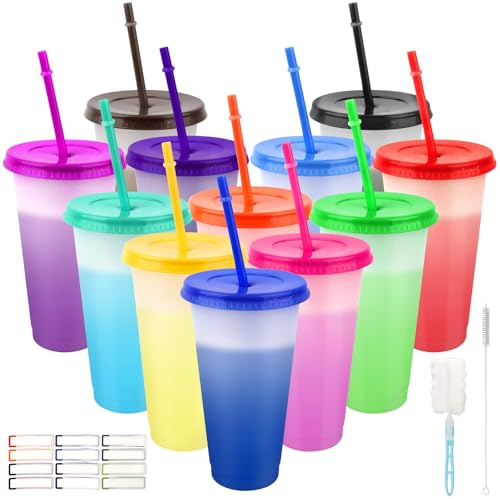 Lemicin 12 Pack 24oz Color Changing Cups Tumblers with Lids Straws Sticker, Reusable Plastic Drinking Iced Coffee Cup Party Tumbler Set for Kids Adults Party Smoothie Cup Travel Mugs