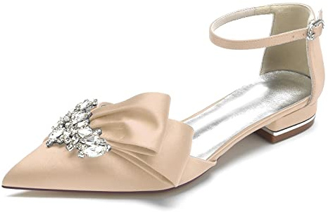 Yhsdfcn Asymmetriska Spetsiga Ballerinaskor i Satäng, Unika Bröllopsskor med Strass och Veck med Rem,Champagne,36 EU