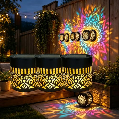 Solar Mandala Wall Light Outdoor Garden Fence Projector Lamp - Waterproof LED Mandala Projection Light for Patio Yard Backyard Decor - 7 Colour Changing Metal Projector Wall Light (3PCS)