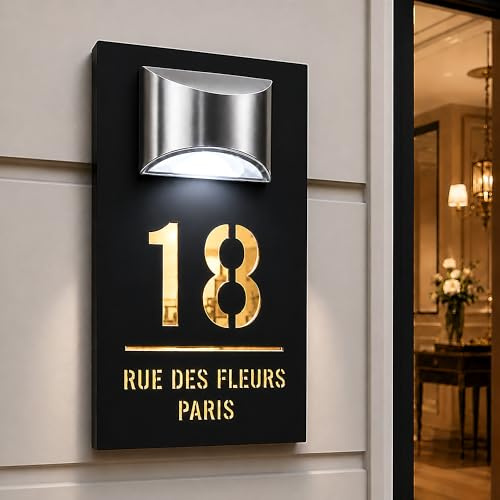 Plaque Numéro de Maison Extérieur Personnalisée, Numéro Maison Solaire avec Éclairage LED, Plaque d’Adresse Lumineuse Étanche en Acrylique pour Mur, Portail, Jardin, Allée