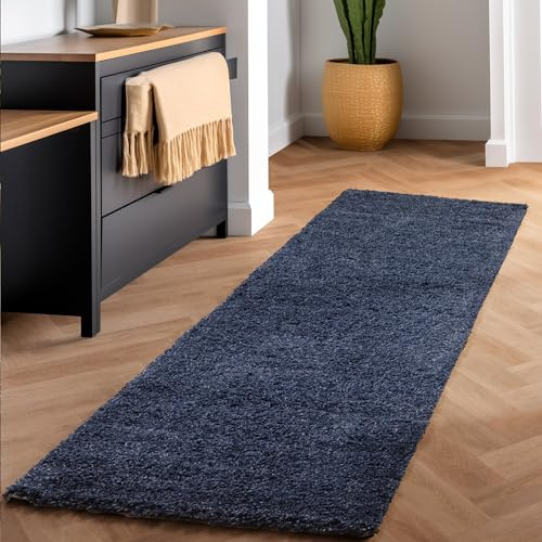 SIMPEX Shaggy Hochflor Teppich, 80x250 cm, Marineblau, weich, flauschig, modern, einfarbig, Für schmale Räume oder Küche, für Wohnzimmer Schlafzimmer Flur