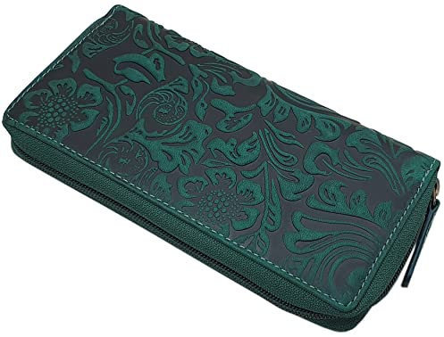 myledershop Große Vollrindleder Damen Geldbörse/Geldbeutel/Portemonnaie/Geldtasche/Portmonee rundherum mit Lianen Prägung oder ohne Prägung und RFID & NFC Schutz inkl. Nähset (Lianen Prägung/Petrol)