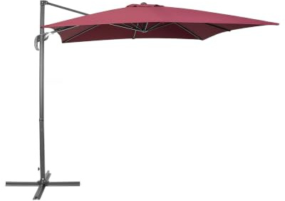 Beliani Parasol de Jardin ou de Terrasse Carré Rouge Bordeaux avec Pied Déporté Noir, Toile 250 x 250 cm cm Anti UV et Rotation à 360