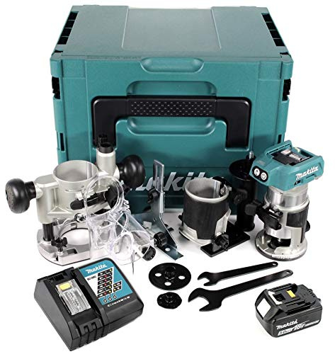Makita DRT 50 RTJ X2 18 V Li-Ion Affleureuse plaque de plâtre sans fil Brushless avec boîtier Makpac + 1x Batterie BL 1850 5,0 Ah + Chargeur DC18RC + Module de fraisage