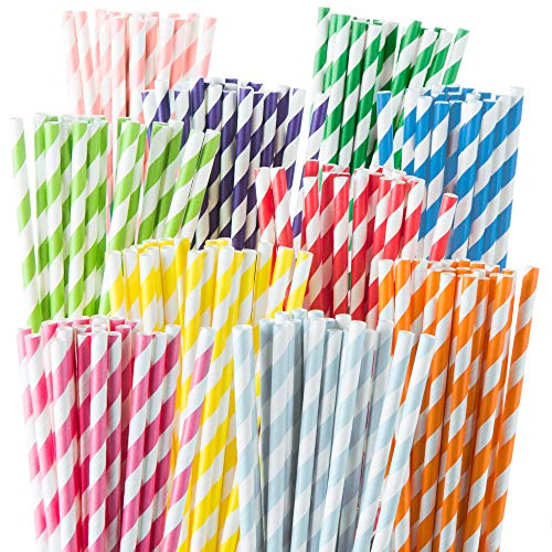 Weemium Paper Straws Disposable - 200 Pack - Durable & Non-Soggy Striped Paper Straws for Drinking in 10 Colors - 100% Biodegradable & Eco-Friendly for Parties, Events, Crafts & Everyday Use