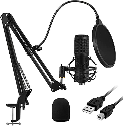 Arabest BM800 USB Condenser Microphone Set,Professional 192KHZ/24Bit Studio Cardioid Condenser Mic Kit Boom Arm Shock Mount Pop Filter for Skype YouTuber Broadcasting Studio Gaming Recording