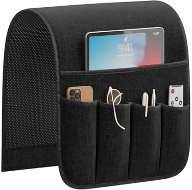 Sixyotie Sofa-Armlehnen-Organizer, rutschfeste Fernbedienungshalter für Liege, Couch, Stuhl, Sessel, Caddy mit 5 Taschen für Tisch, Handy, iPad, Zeitschriften, Bücher (33 x 89 cm, schwarz)