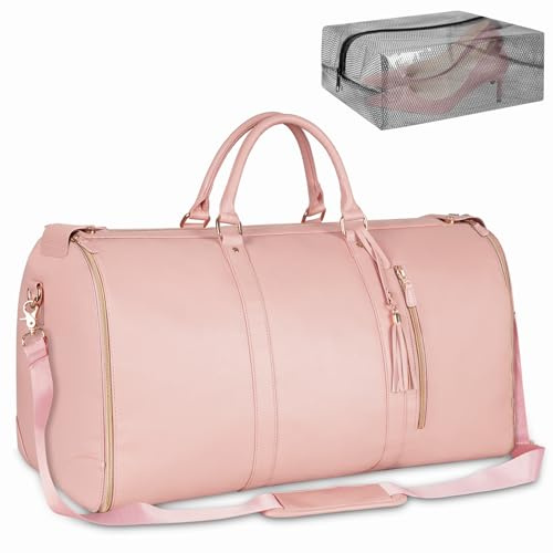 Ytonet Umwandelbarer Gepäck-Kleidersack Damen, Faltbare Reisetasche Handgepäck, PU-Leder Travel Bag Women mit Schuhbeutel, 2 in 1 Reisetasche Damen Wasserdicht, Garment Duffel Bag für Frauen, Rosa