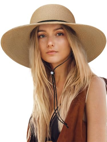 Senker Fashion Sun Hats for Women, Wind Lanyard Wide Brim Straw Hat for Summer Beach Garden Vacation Foldable UPF 50+ Khaki