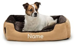 lionto Lit pour Chien avec Coussin réversible et Base antidérapante, Coussin Douillet pour Animaux avec entrée Basse pour Chiens et Chats de Tout âge, 60x48 cm, Marron/Beige (avec nom imprimé)