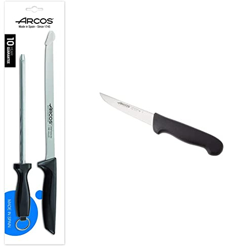 Arcos Serie Niza, Set Jamonero 2 pzas. Jamonero + Chaira, 2 UDS & Serie 2900, Cuchillo Deshuesador, Hoja de Acero Inoxidable Nitrum de 130 mm, Mango inyectado en Polipropileno Color Negro