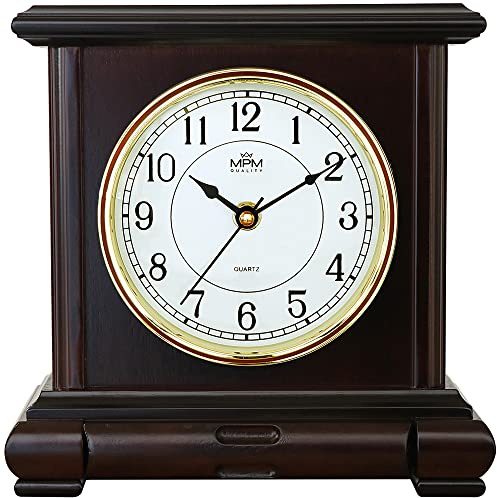 MPM Quality Retro Dark Wood Tischuhr, Dunkelbraun, Traditionelle und Elegante Holztischuhr, Arabische Ziffern, Präziser Quarz-Schrittmotor, schöne Tisch Dekoration für Wohnzimmer, Küche oder Büro