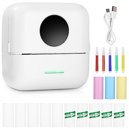 Mini Drucker,Tragbarer Mini Fotodrucker,Wireless Fotodrucker Thermodrucker | mit 13 Rollen Druckerpapie und 5 Buntstifte,Smartphone Bluetooth Drucker mit Android,iOS,für Liste,Notizen,Journal,Reise