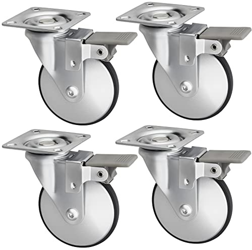 SOTECH 4er Set Design-Möbelrolle LINDAU mit Bremse Ø 75 mm | 35 Kg Tragfähigkeit pro Rolle, 360 Grad drehbar, mit Montageplatte, silbergrau Transport-Möbelrolle, leise und bodenschonend