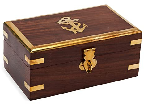 NKlaus 14x8x6,5cm natur Holzbox aufwendige Messing Verzierung Holzkiste maritime Aufbewarung für Schmuck Souvenirs 11633